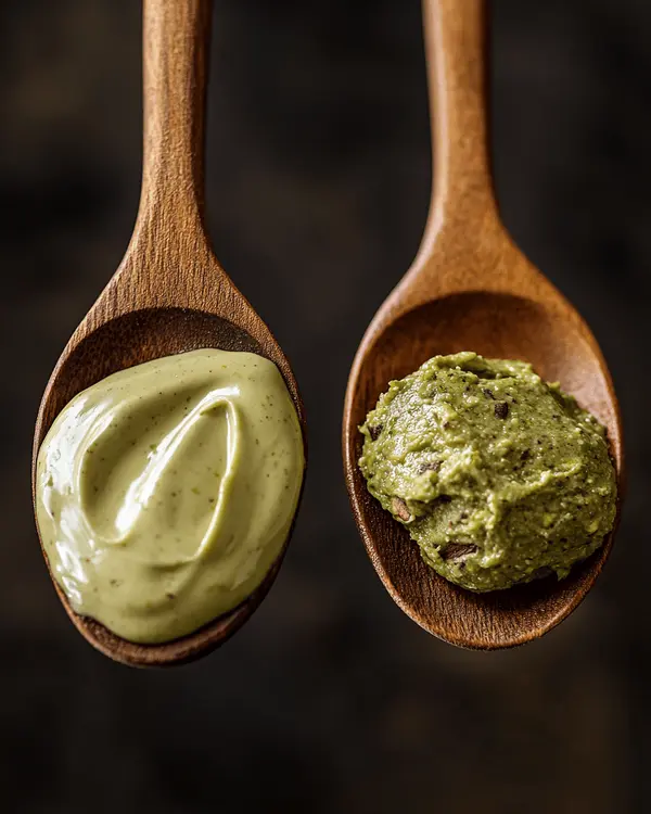 Is Pistachio Butter the Same as Pistachio Cream 2 Close-up comparison showing smooth pistachio cream dripping from a spoon versus chunky pistachio butter texture