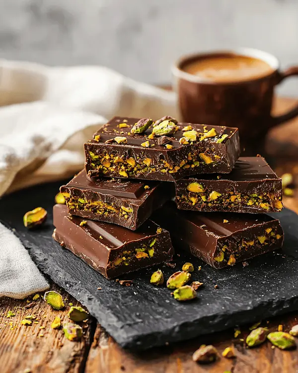 How to Make Dubai Chocolate with Pistachio Butter 4 Dubai chocolate bars with pistachio butter served on dark slate board with Turkish coffee, garnished with pistachios and cacao nibs