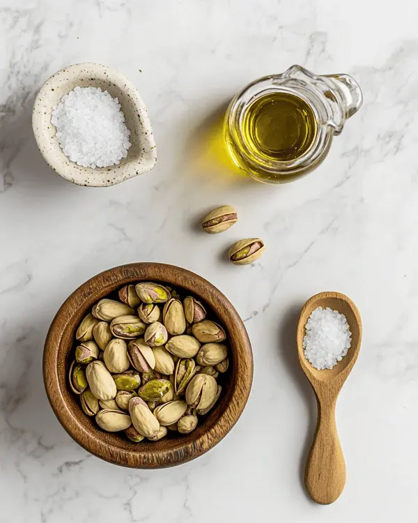 Dubai pistachio butter recipe ingredients laid out - pistachios, oil, and sea salt