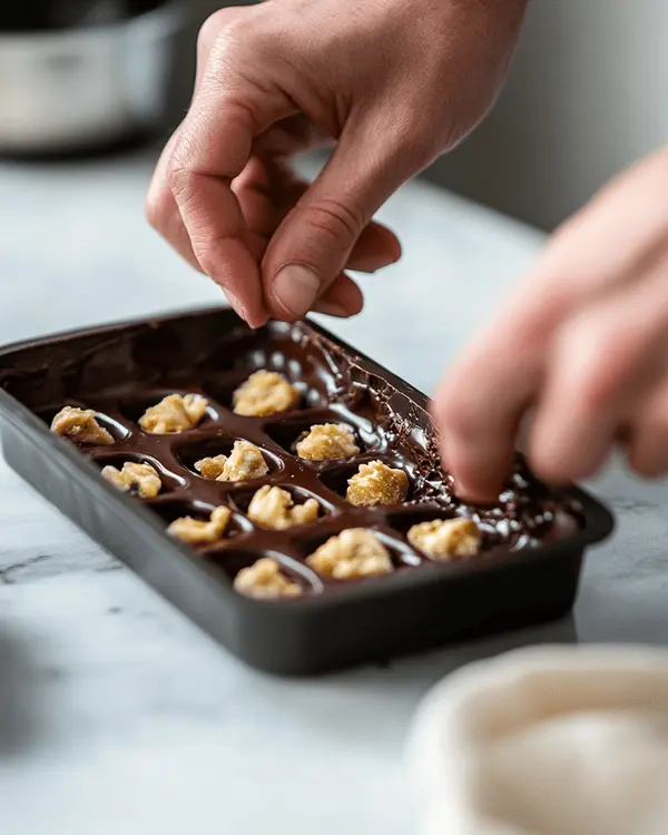 How to Make Dubai Chocolate with Pistachio Butter 3 Hands assembling Dubai chocolate by spreading pistachio butter and phyllo mixture into chocolate mold during the layering process