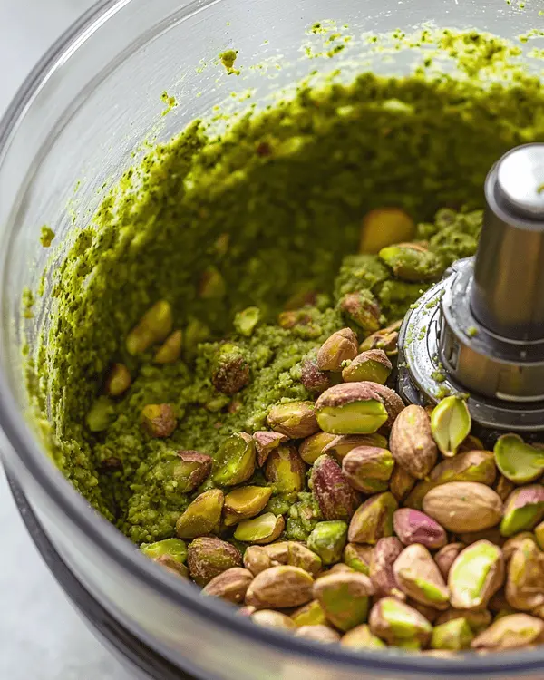 Food processor showing pistachio butter processing stages from chunky to smooth