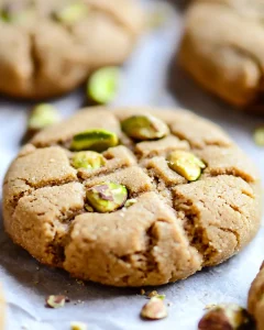 Close-up of golden pistachio peanut butter cookies showing crosshatch pattern and visible pistachio pieces
