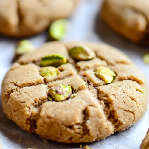 Close-up of golden pistachio peanut butter cookies showing crosshatch pattern and visible pistachio pieces