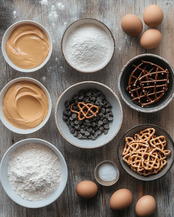 Peanut Butter Cookies with Pretzels 2 Flat lay of measured ingredients for peanut butter cookies with pretzels on a rustic wooden table