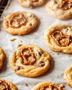 Freshly baked pretzel peanut butter cookies cooling on parchment paper and wire rack with warm kitchen lighting