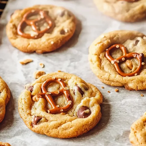 Freshly baked pretzel peanut butter cookies cooling on parchment paper and wire rack with warm kitchen lighting