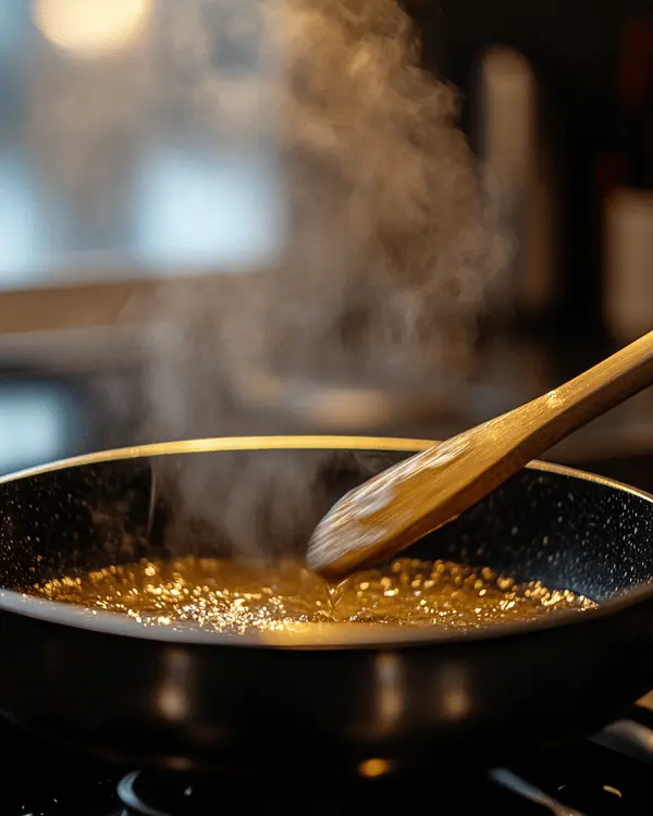No Bake Rice Crispy Cookies 3 Golden sugar syrup bubbling vigorously in saucepan with wooden spoon during the cooking process for no bake rice crispy cookies