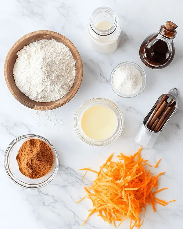 Carrot Cake in a Mug 2 Fresh ingredients for carrot cake in a mug recipe including melted butter, brown sugar, vanilla extract, milk, flour, baking powder, cinnamon, and shredded carrots arranged on white marble surface