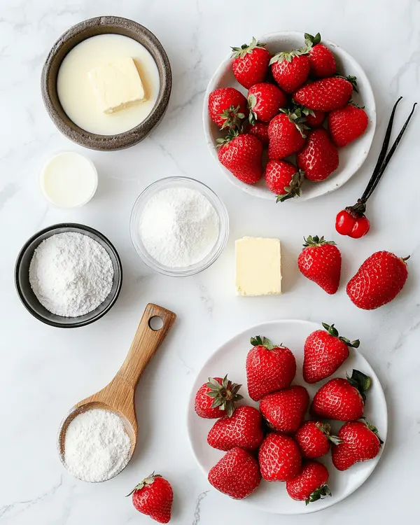 Strawberry Shortcake Mug Cake 2 Fresh strawberries, flour, sugar, butter, milk, vanilla extract, and baking powder arranged on white marble countertop for strawberry shortcake mug cake recipe