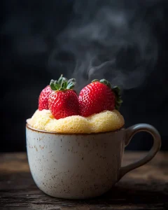 Hero shot of golden strawberry mug cake with fresh strawberries on top and steam rising