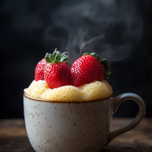 Hero shot of golden strawberry mug cake with fresh strawberries on top and steam rising