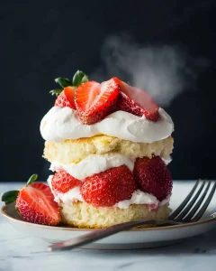 Hero shot of strawberry shortcake mug cake with layered whipped cream and fresh strawberries against dark background