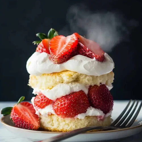 Hero shot of strawberry shortcake mug cake with layered whipped cream and fresh strawberries against dark background