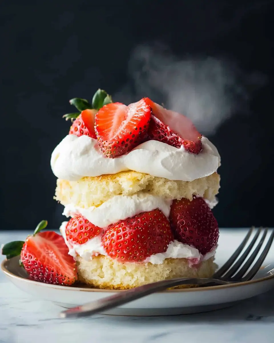 Strawberry Shortcake Mug Cake 1 Hero shot of strawberry shortcake mug cake with layered whipped cream and fresh strawberries against dark background