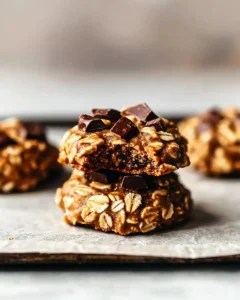Stack of four golden sunbutter no bake cookies showing chunky oat texture and chocolate pieces on parchment paper