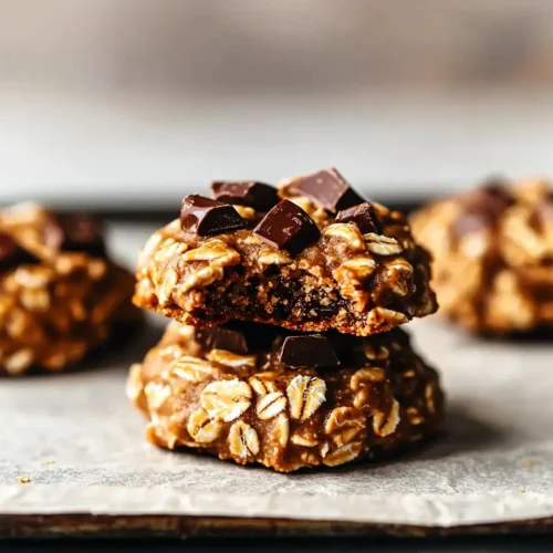 Ultimate SunButter No Bake Cookies Recipe 5 Stack of four golden sunbutter no bake cookies showing chunky oat texture and chocolate pieces on parchment paper