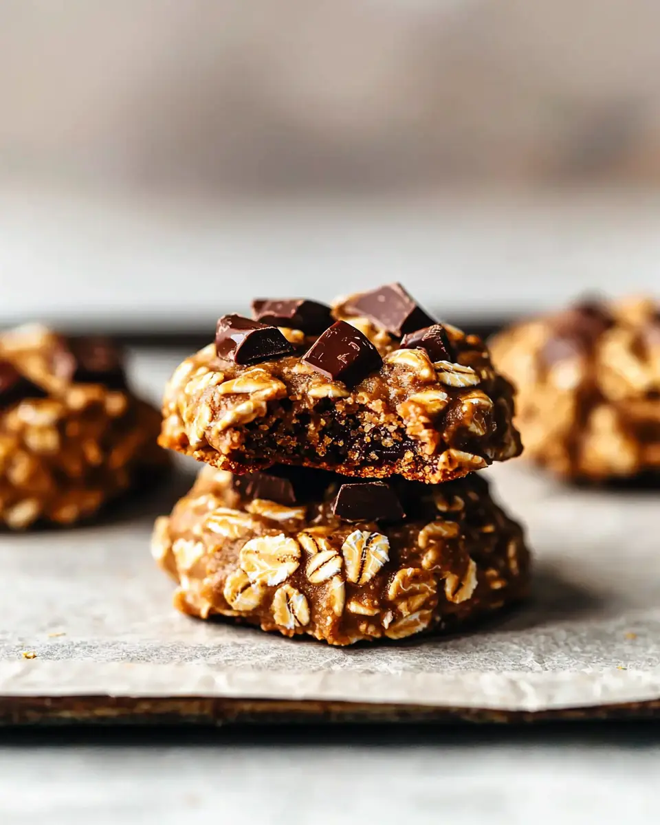 Ultimate SunButter No Bake Cookies Recipe 1 Stack of four golden sunbutter no bake cookies showing chunky oat texture and chocolate pieces on parchment paper