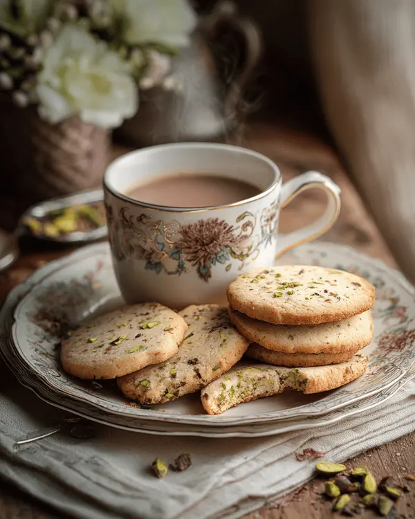 The Ultimate Guide to Pistachio Cookies 4 Freshly baked pistachio cookies served on vintage plate with coffee in cozy kitchen setting