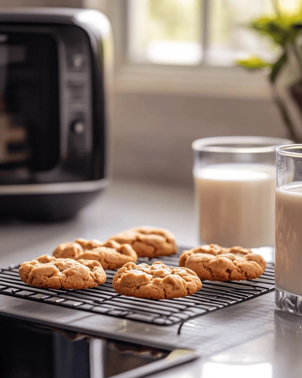 Ultimate Guide Air Fryer Peanut Butter Cookies Recipes 4 Freshly baked air fryer peanut butter cookies cooling on wire rack beside air fryer with glass of milk