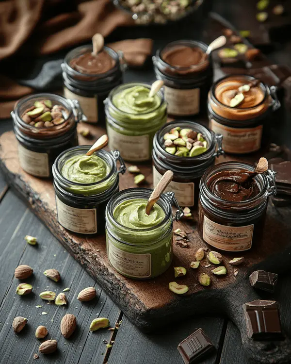 The Complete Guide to Pistachio Butter for Dubai Chocolate 4 Collection of premium commercial pistachio butter brands in glass jars arranged with pistachios and Dubai chocolate