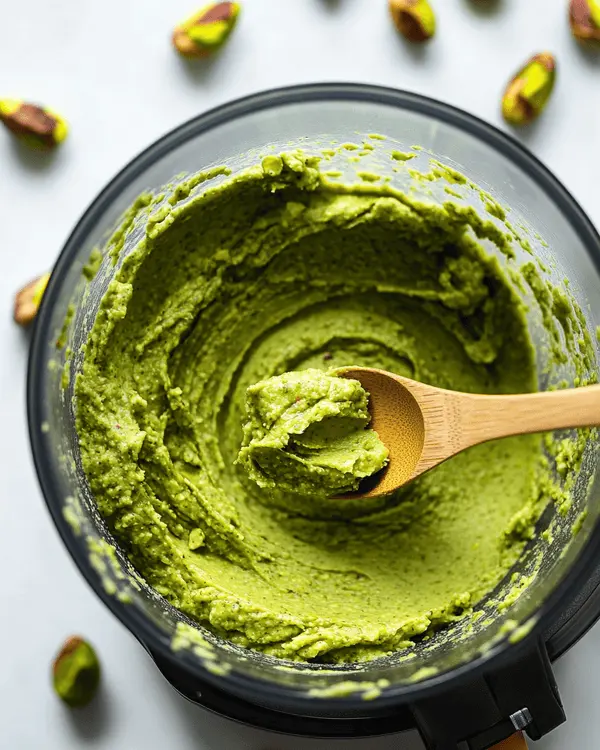 The Complete Guide to Pistachio Butter for Dubai Chocolate 2 Homemade pistachio butter in food processor showing smooth creamy texture and vibrant green color