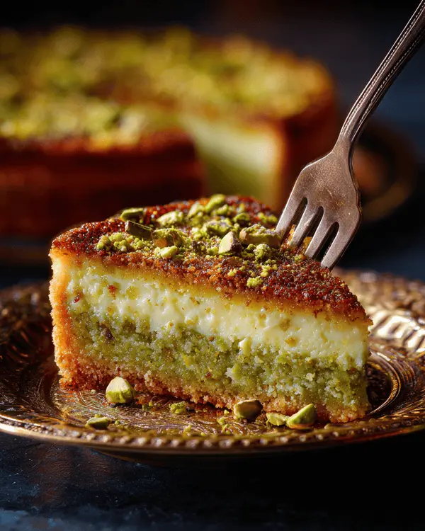 The Ultimate Guide to Pistachio Cakes 3 Cross-section of pistachio gooey butter cake showing firm base layer and creamy gooey top with pistachio pieces