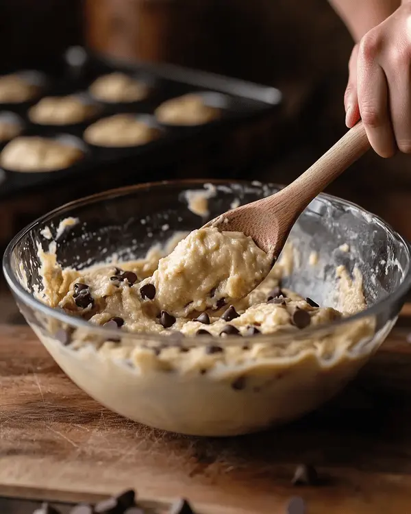 Kodiak Cake Muffins 3 Hands mixing Kodiak cake muffin batter in glass bowl with wooden spoon, showing proper lumpy texture with chocolate chips