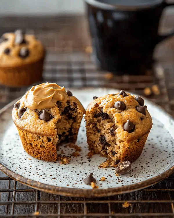 Kodiak Cake Muffins 4 Freshly baked Kodiak cake muffin split open on ceramic plate with almond butter and coffee, showing fluffy interior texture