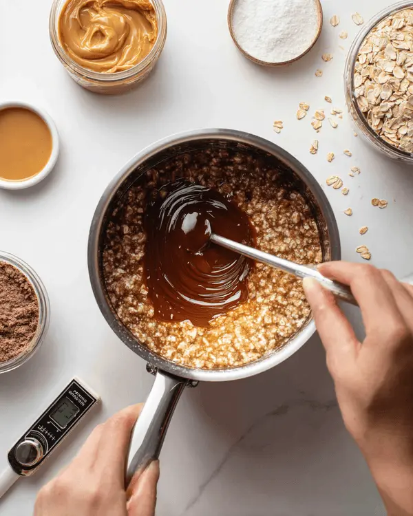 Ultimate Guide to No-Bake Cookies 4 Hands mixing no-bake cookie mixture in saucepan with candy thermometer and ingredients nearby