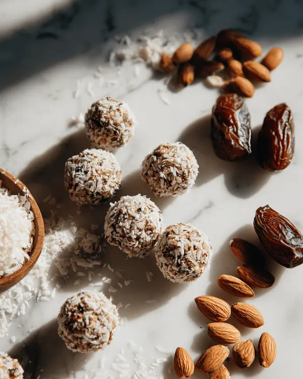 Ultimate Guide to No-Bake Cookies 3 Paleo no-bake cookies made with almonds and coconut arranged with raw ingredients on marble surface