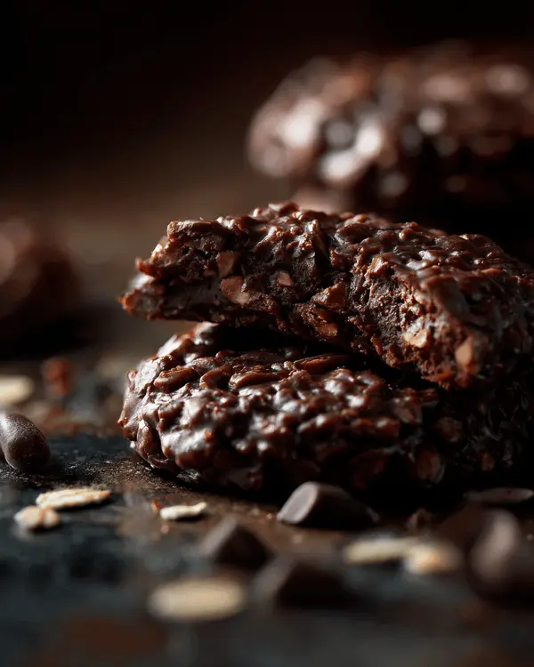 Ultimate Guide to No-Bake Cookies 2 Close-up of dark chocolate no-bake cookies showing fudgy texture with oats and chocolate chips