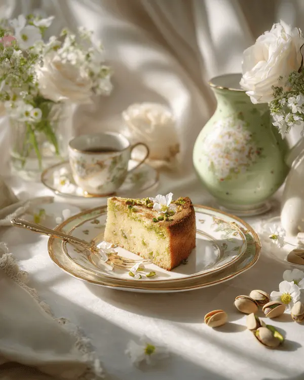 The Ultimate Guide to Pistachio Cakes 4 Elegant slice of cream pistachio gooey butter cake served on fine china in sophisticated afternoon tea setting