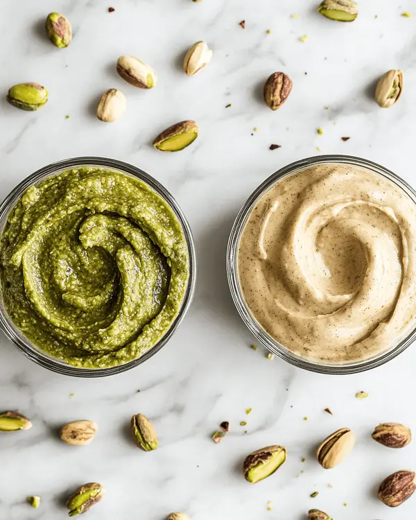 The Complete Guide to Pistachio Butter for Dubai Chocolate 3 Side by side comparison of pistachio butter versus pistachio cream showing texture and color differences
