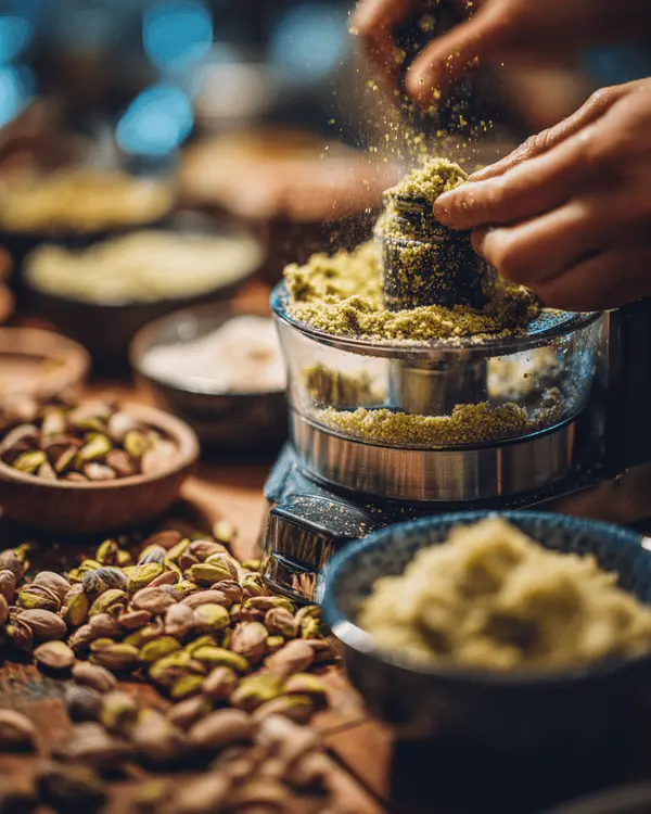 The Ultimate Guide to Pistachio Cakes 2 Professional baker grinding toasted pistachios into smooth pistachio butter paste in food processor