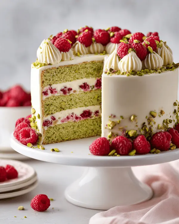 Three-layer pistachio raspberry cake with cream cheese frosting decorated with fresh raspberries and pistachios