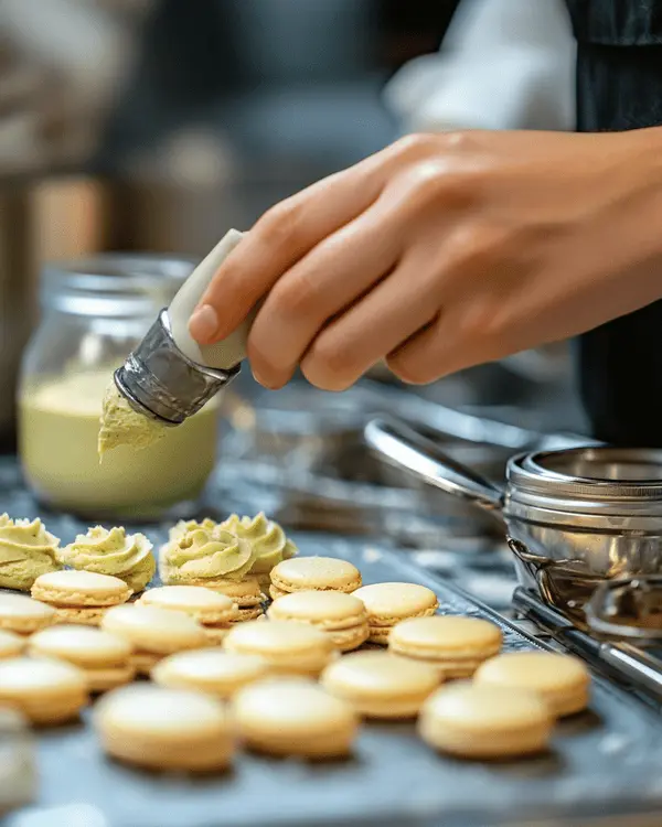 Professional pastry chef using pistachio cream for macaron filling in modern kitchen with both pistachio products visible