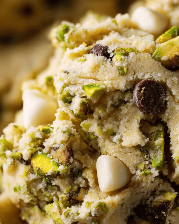 The Ultimate Guide to Pistachio Cookies 3 Close-up view of pistachio cookie dough showing ground pistachios, white chocolate chunks, and chocolate chips