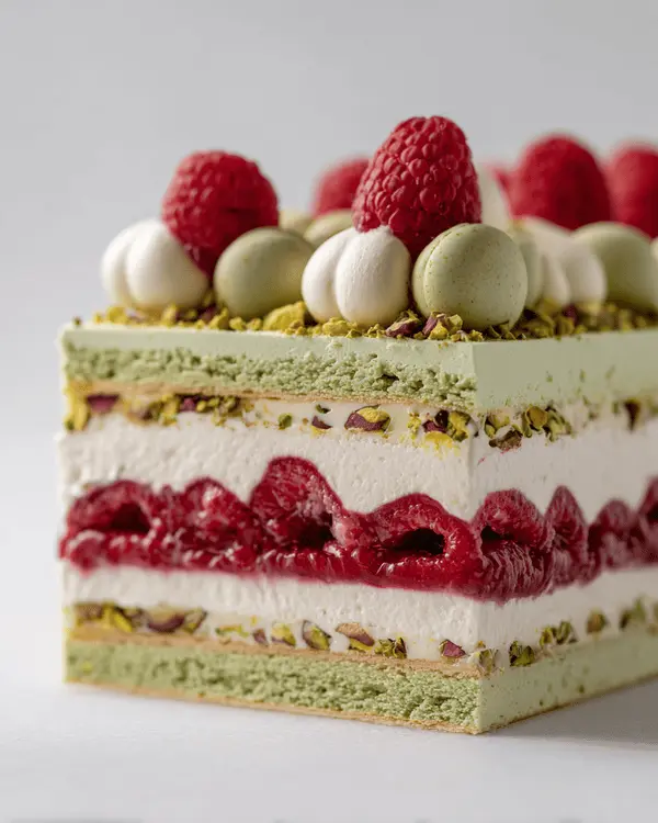 Cross-section view of pistachio raspberry dacquoise showing meringue layers with raspberry buttercream filling