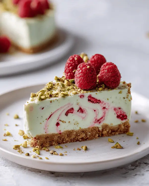 Slice of no-bake pistachio raspberry cheesecake with marbled filling and pistachio graham crust
