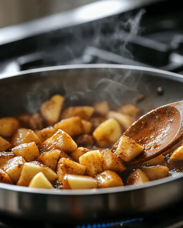 Caramel Apple Cookies Recipe 3 Diced apples cooking with cinnamon and brown sugar in frying pan for caramel apple cookies recipe preparation