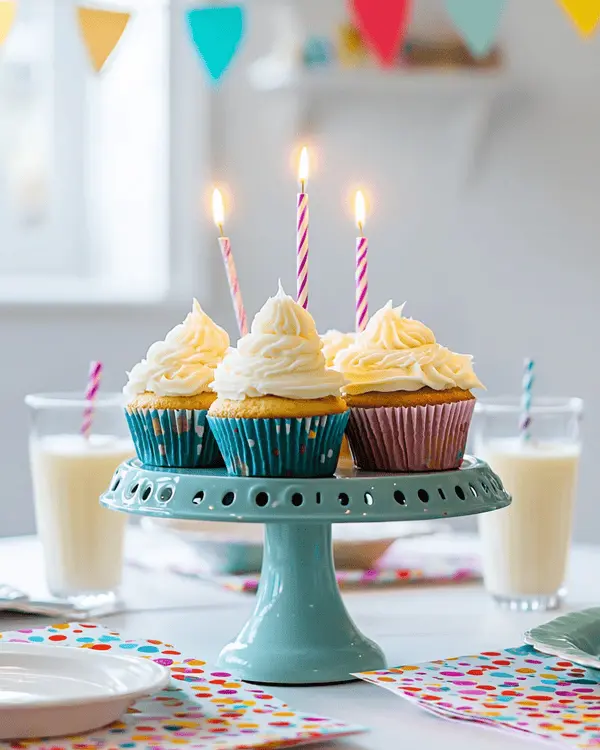 Ultimate Cup Cakes Happy Birthday Recipe 4 Happy birthday cupcakes with white chocolate frosting displayed on cake stand at festive party table with milk and decorations