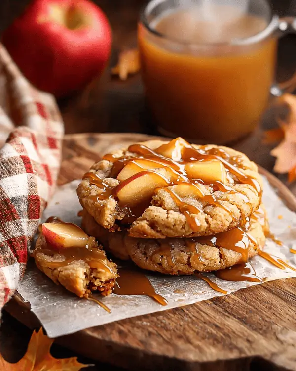 Caramel Apple Cookies Recipe 4 Stack of freshly baked caramel apple cookies drizzled with caramel sauce on wooden serving board with apple cider