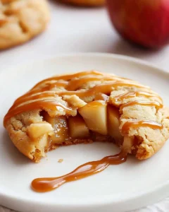 Perfect caramel apple cookies recipe with visible apple pieces and caramel drizzle, broken in half to show soft interior texture