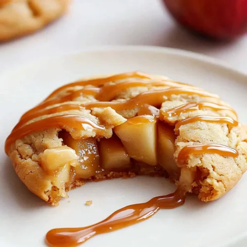 Caramel Apple Cookies Recipe 5 Perfect caramel apple cookies recipe with visible apple pieces and caramel drizzle, broken in half to show soft interior texture