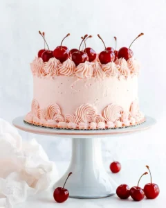 Beautiful cherry chip cake with vintage Lambeth-style piping, shell borders, and ruffle garlands made with cherry-almond buttercream