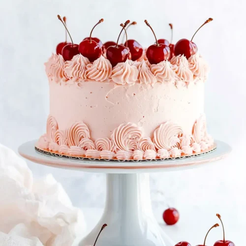 Beautiful cherry chip cake with vintage Lambeth-style piping, shell borders, and ruffle garlands made with cherry-almond buttercream