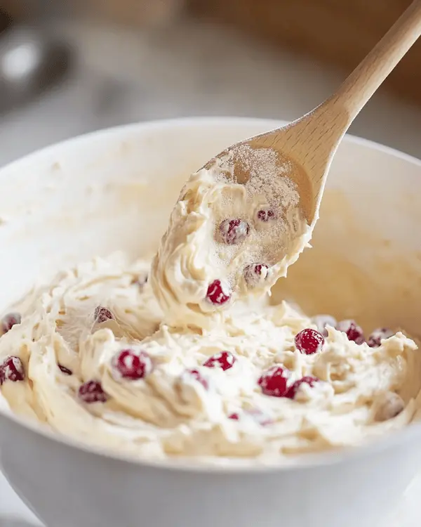 Ultimate Cherry Chip Cake Recipe 3 Folding flour-coated maraschino cherries into creamy cherry chip cake batter using wooden spoon in stand mixer bowl