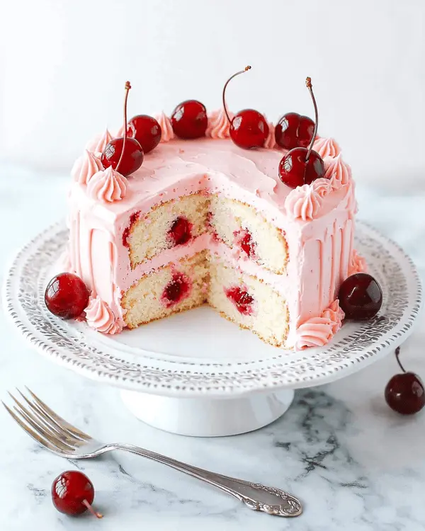 Ultimate Cherry Chip Cake Recipe 4 Slice of homemade cherry chip cake with visible cherry pieces and cherry-almond buttercream frosting on white plate