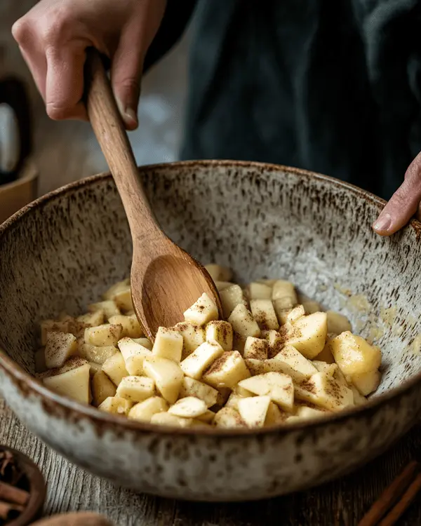 Ultimate Cinnamon Apple Cookies Recipe 3 Folding diced apples into cinnamon cookie dough with wooden spoon in ceramic mixing bowl