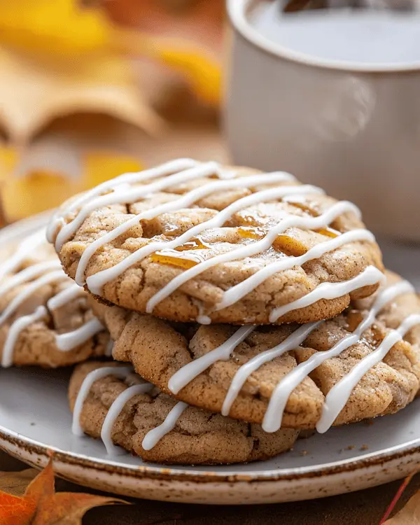 Ultimate Cinnamon Apple Cookies Recipe 4 Stack of soft cinnamon apple cookies with maple icing drizzle served with hot apple cider on white plate